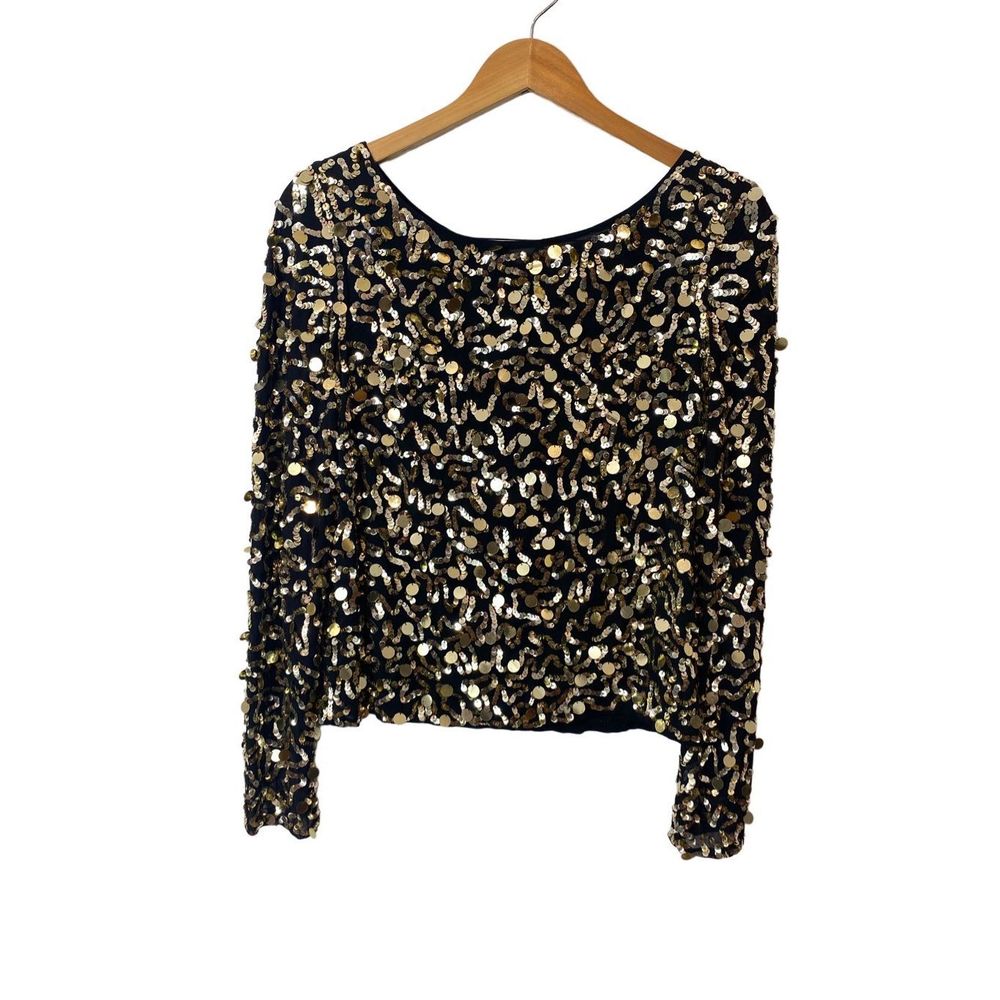 Alice + Olivia Women's Gold Silk Sequence Long Sleeve Mesh Top Scoop Neck Large